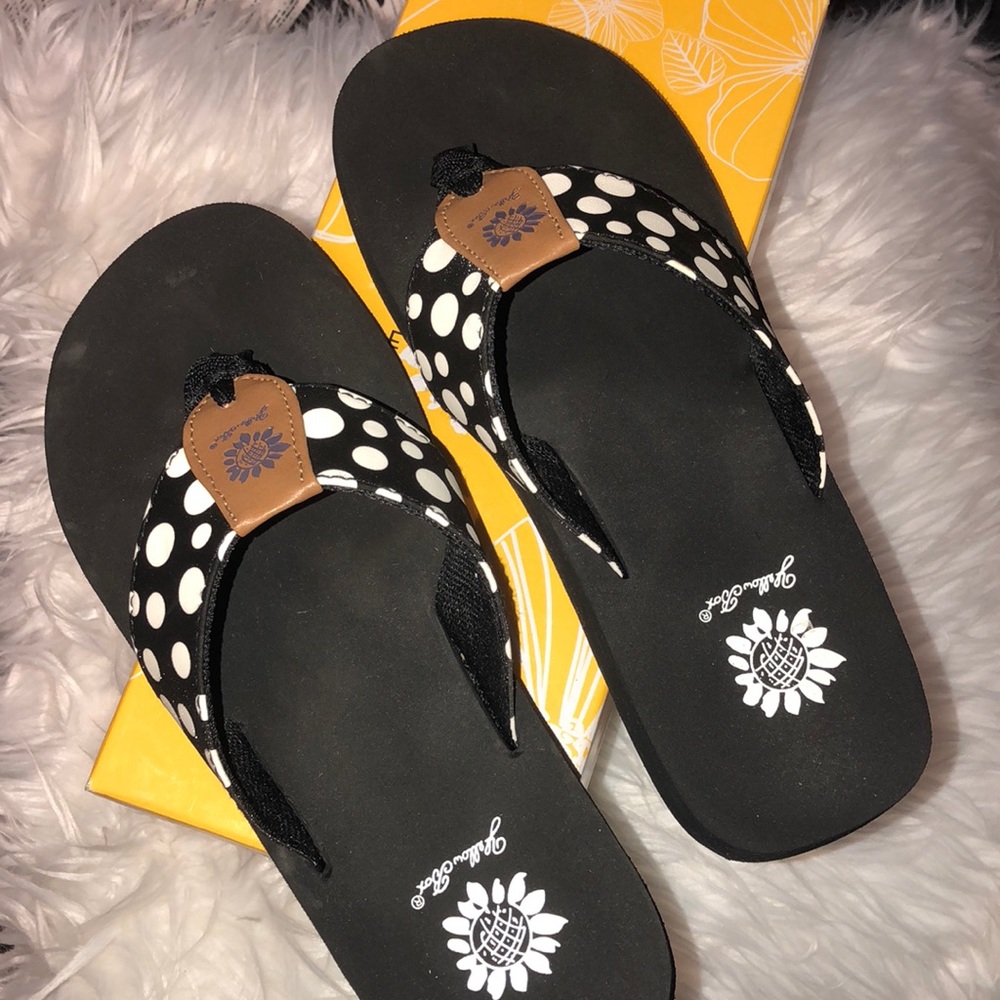 Yellow box flip flops